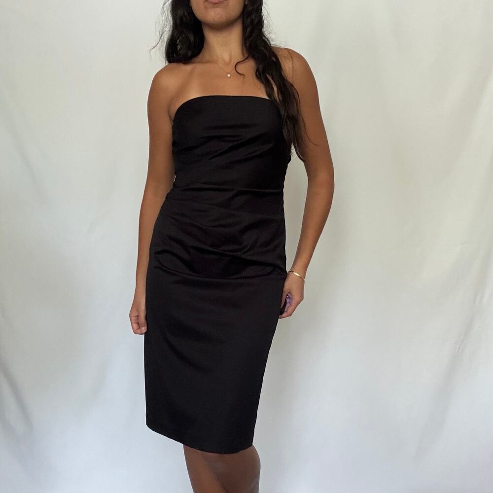 Vintage White House Black Market Strapless Black Pleated Midi Dress USA 6